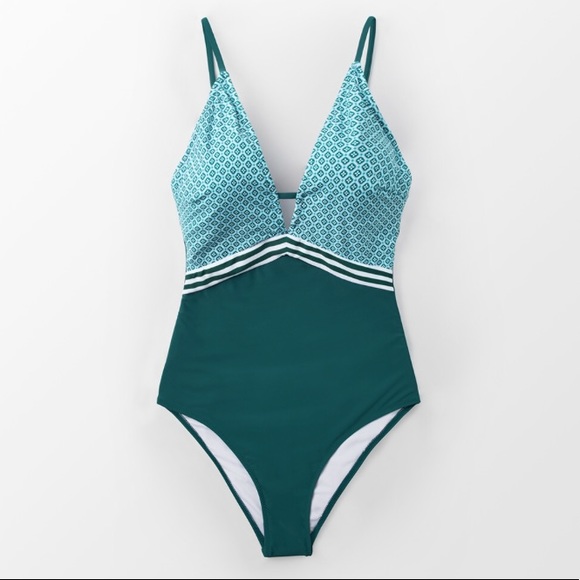 CLEARANCE Green Plunge Printed One Piece Swimsuit - Picture 2 of 5